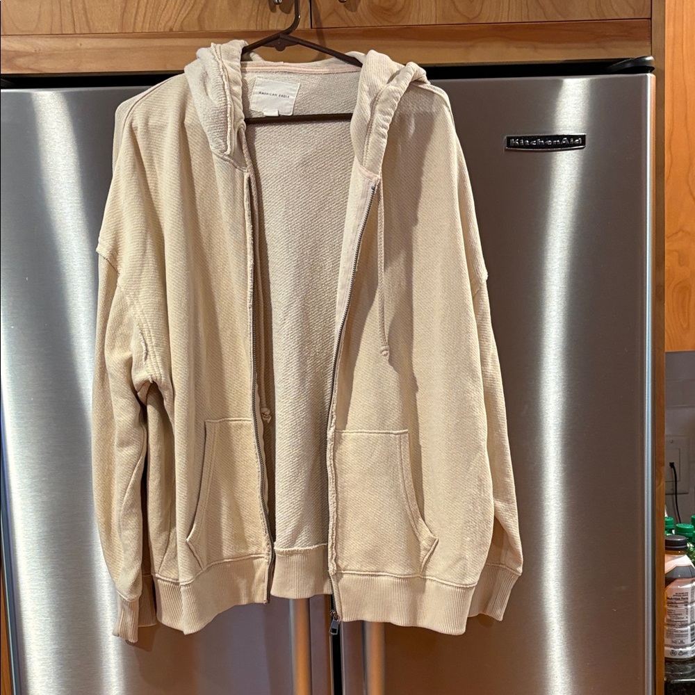 American Eagle Hoodie Beige Hooded Zip-Up Sweatshirt M